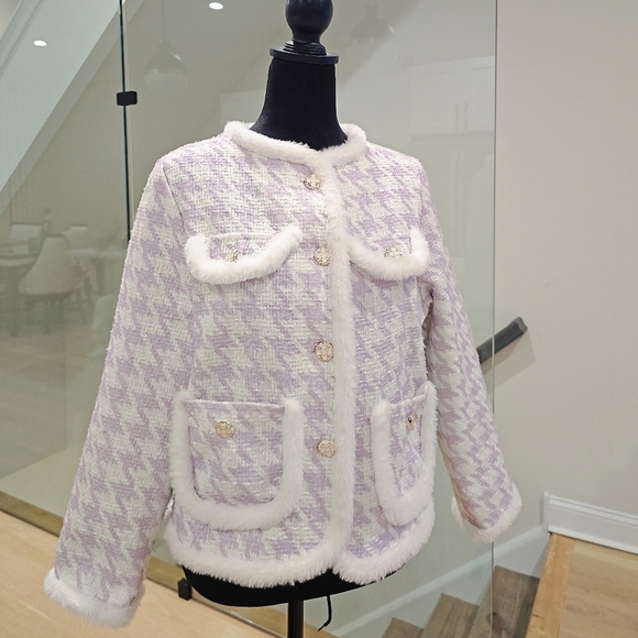 Tweed Blazer White Lilac Faux-Fur Trim Jacket - Picture 4 of 9